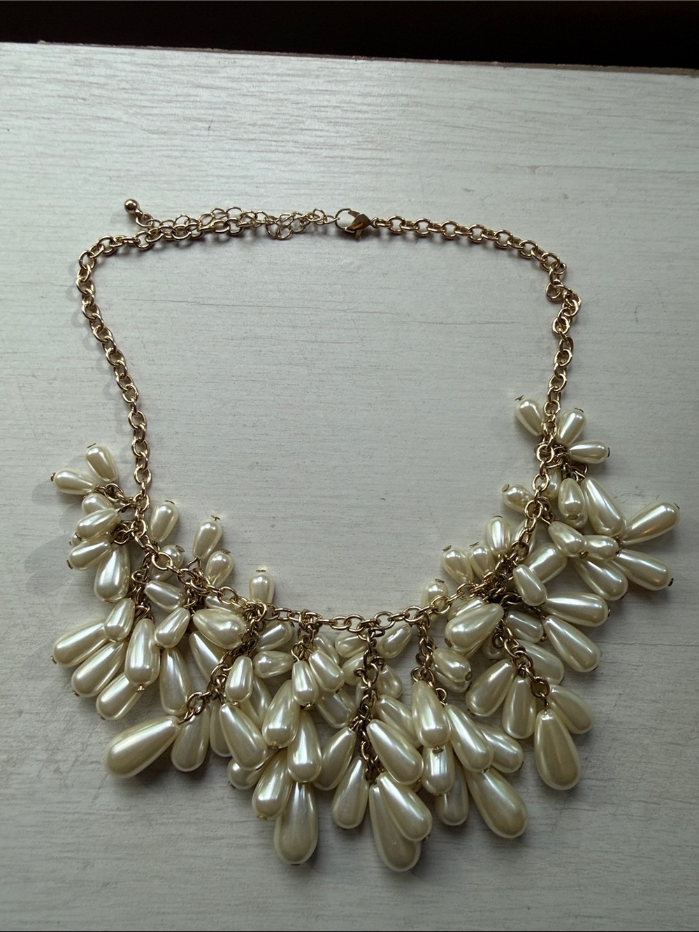 Gold Chain Necklace with Cream Pearl Teardrops